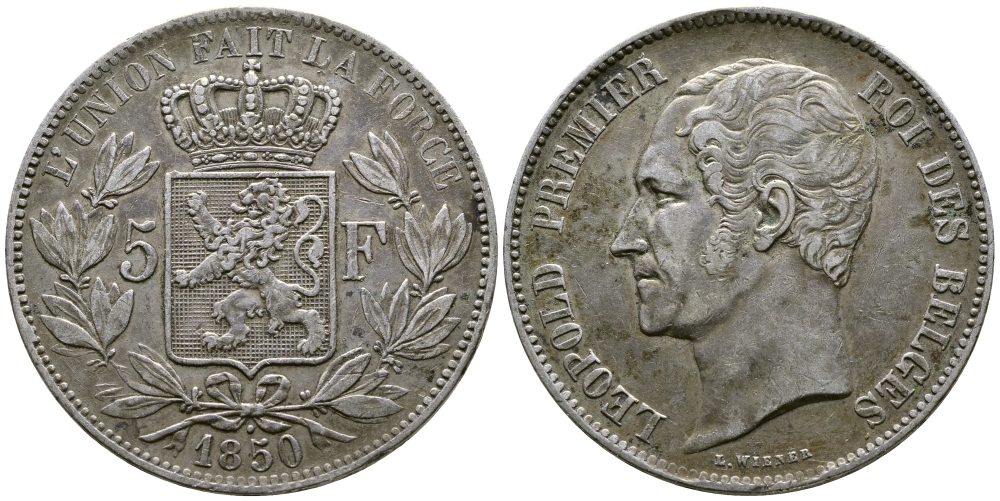 Бельгия 5 франков 1850 Леопольд I (1831-1865), точка над датой KM 17 серебро    00-1067-9-42