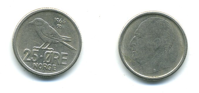 Норвегия 25 эре 1966 Улаф V (1958-1991), синица KM 407 медно-никель 4364-947