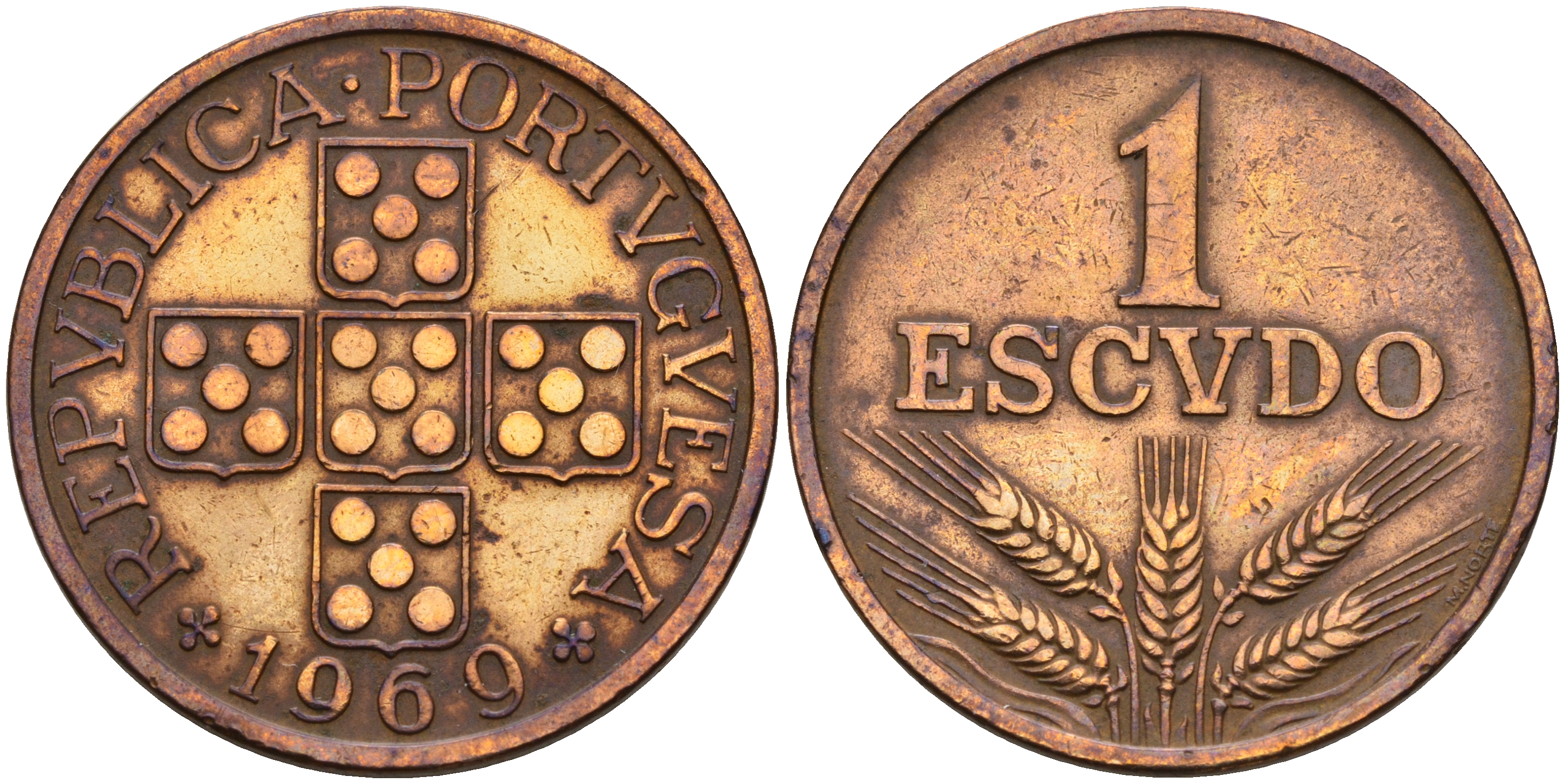 Португалия 1 эскудо 1969 первый год KM 597 бронза    4153-135
