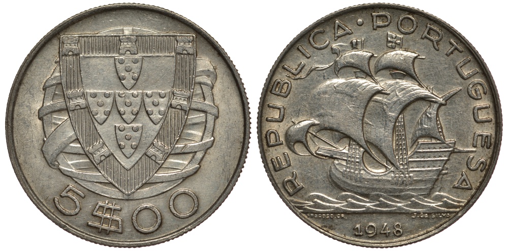 ПОРТУГАЛИЯ 5 ЭСКУДО 1948 ПАРУСНИК KM 581 серебро 1521-1232