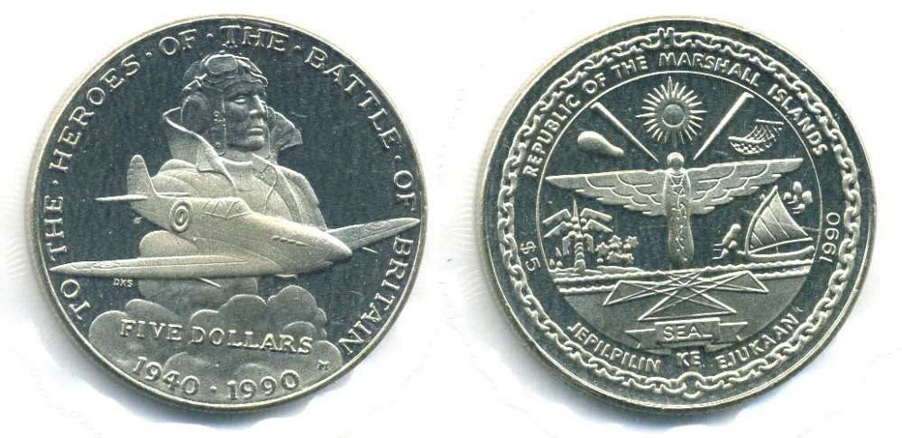 Маршалловы острова 5 долларов 1990 50 лет Битвы за Британию (1940-1990), авиация, в картонном буклете медно-никель UNC 5-4-3-64