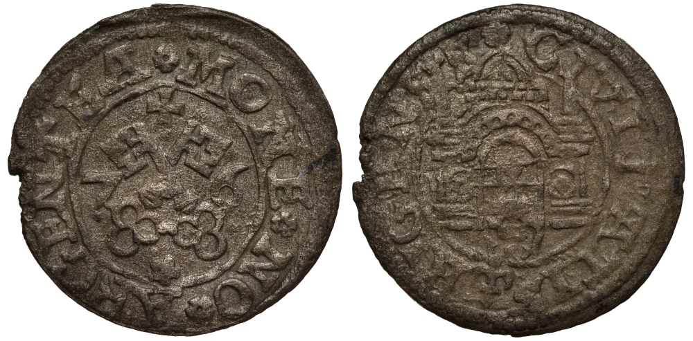 Рига 1 шиллинг (шеляг) 1576 свободный город (1562-1581), вес 0,99 гр. Neumann 9 серебро 1516-534