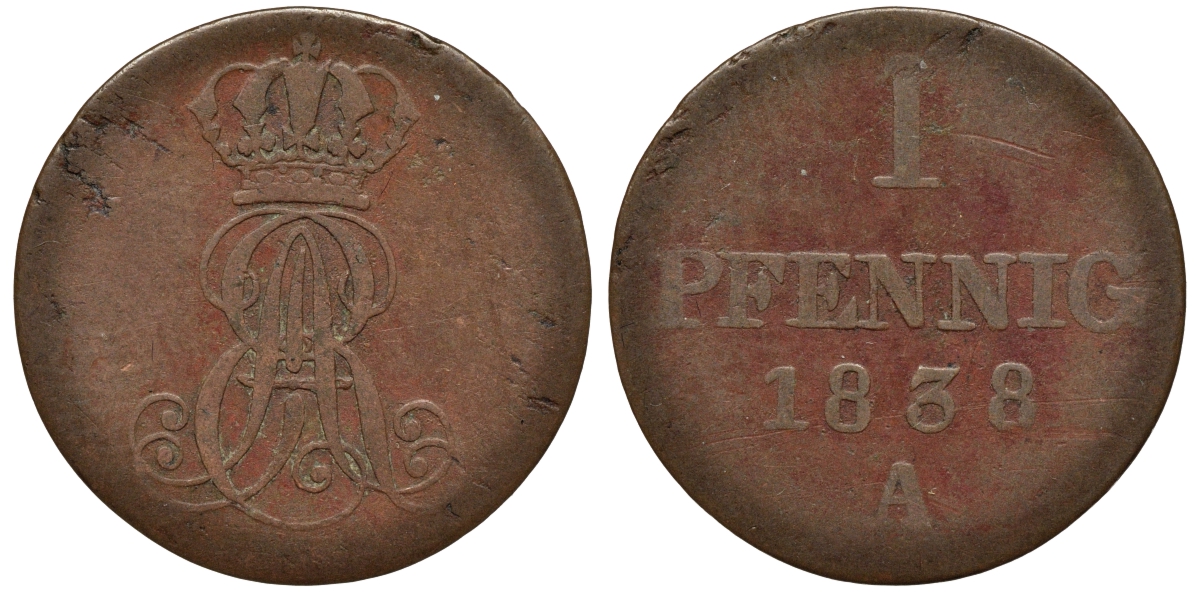 Ганновер 1 пфенниг 1838 A, Эрнст Август (1837-1851) KM 173.1, AKS 126, J. 54 медь 75-553
