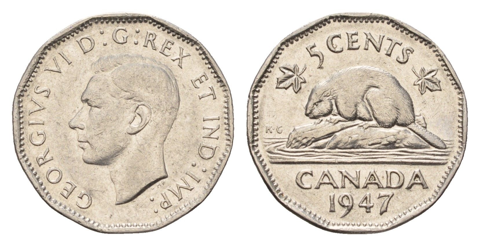 Канада 5 центов 1947 бобр Dot, Георг VI (1936-1952) KM 39a никель 4679-661