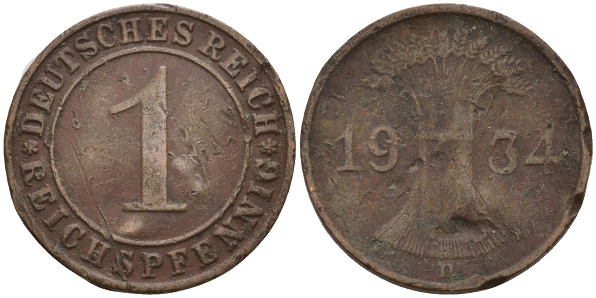 Германия 1 рейхспфенниг 1934 D KM 37, J. 313 бронза 4549-466