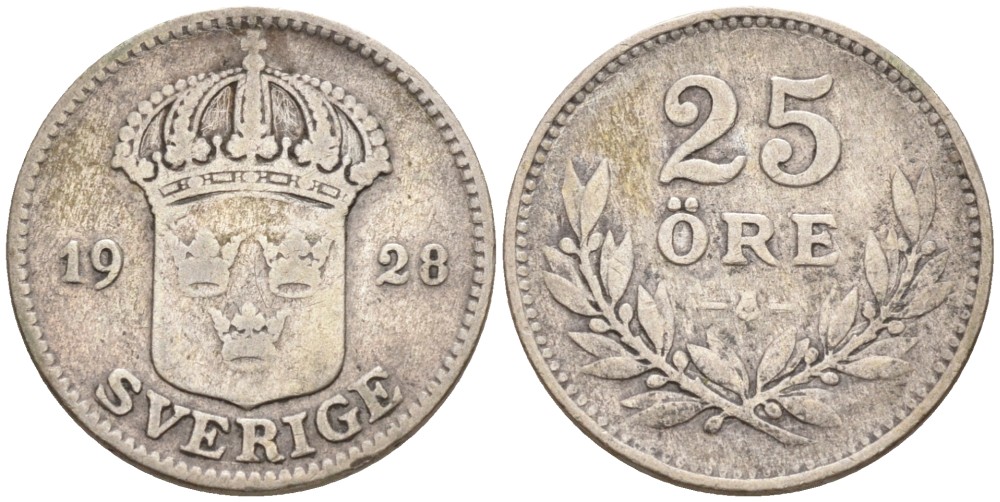 Швеция 25 эре 1928 G, Густав V (1907-1950) KM 785 серебро 4380-167