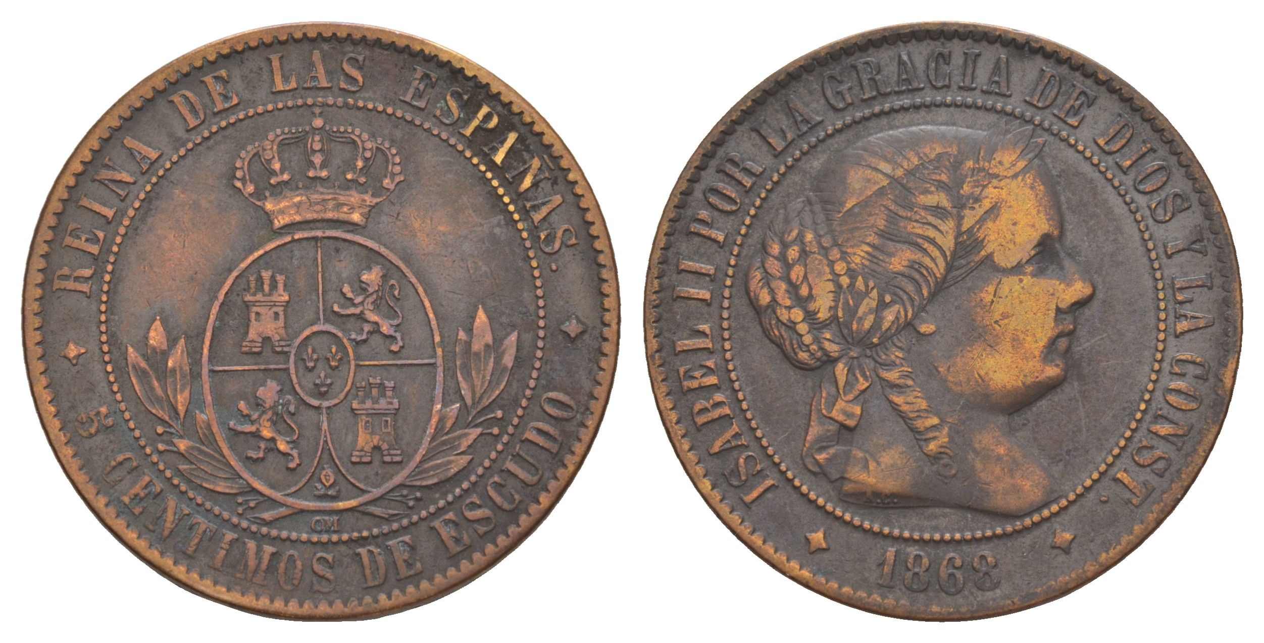 Испания 5 сентимо 1868 4-х конечная звезда - Хубия, Изабелла II KM 635 медь 1522-1121