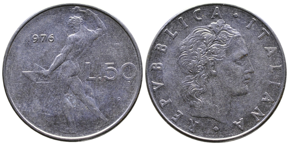 ИТАЛИЯ 50 ЛИР 1976 R, КУЗНЕЦ KM 95.1 сталь 3333-836