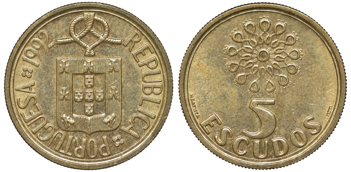 Португалия 5 эскудо 1992 KM 632 никель латунь 4142-1127