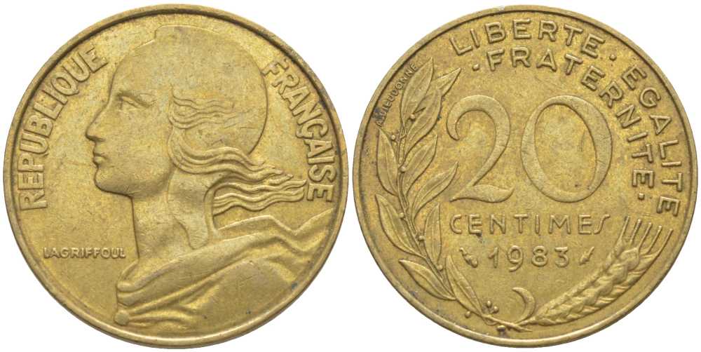 ФРАНЦИЯ 20 САНТИМОВ 1983 ТИП MARIANNE KM 930, LE FRANC 156.23 медь алюминий никель 175-851