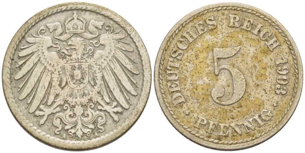 ГЕРМАНИЯ 5 ПФЕННИГОВ 1903 A KM 11, J. 12, Weege 6 медно-никель 206-935