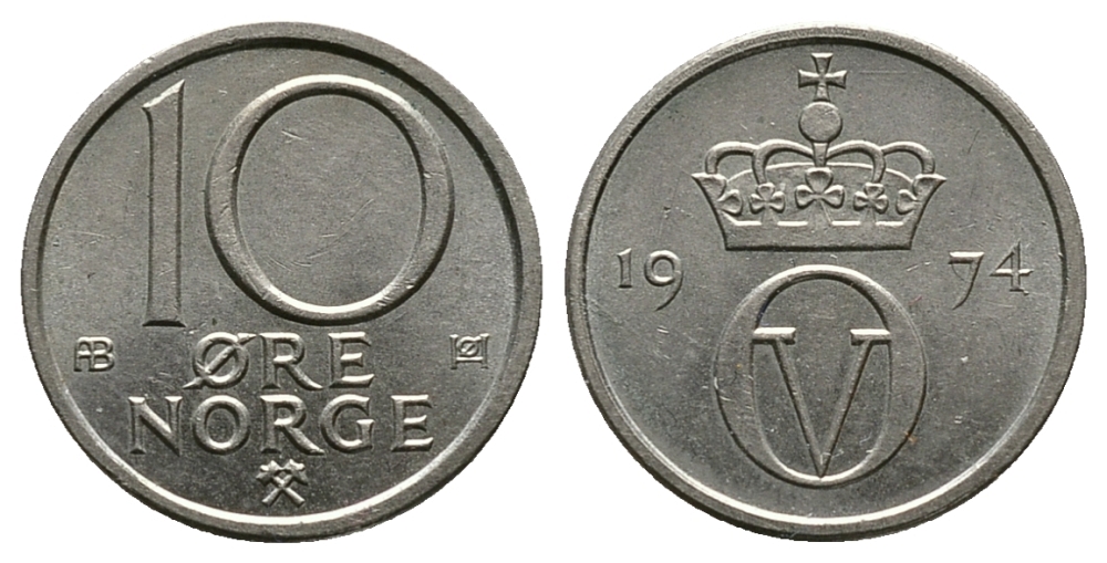 Норвегия 10 эре 1974 Улаф V (1958-1991) KM 416 медно-никель 89-1513
