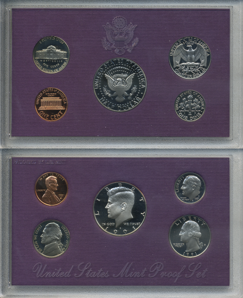 США официальный набор из 5 монет 1991 S, набор президентов, в пластике, оригинальная коробка, Кеннеди PROOF 00-00