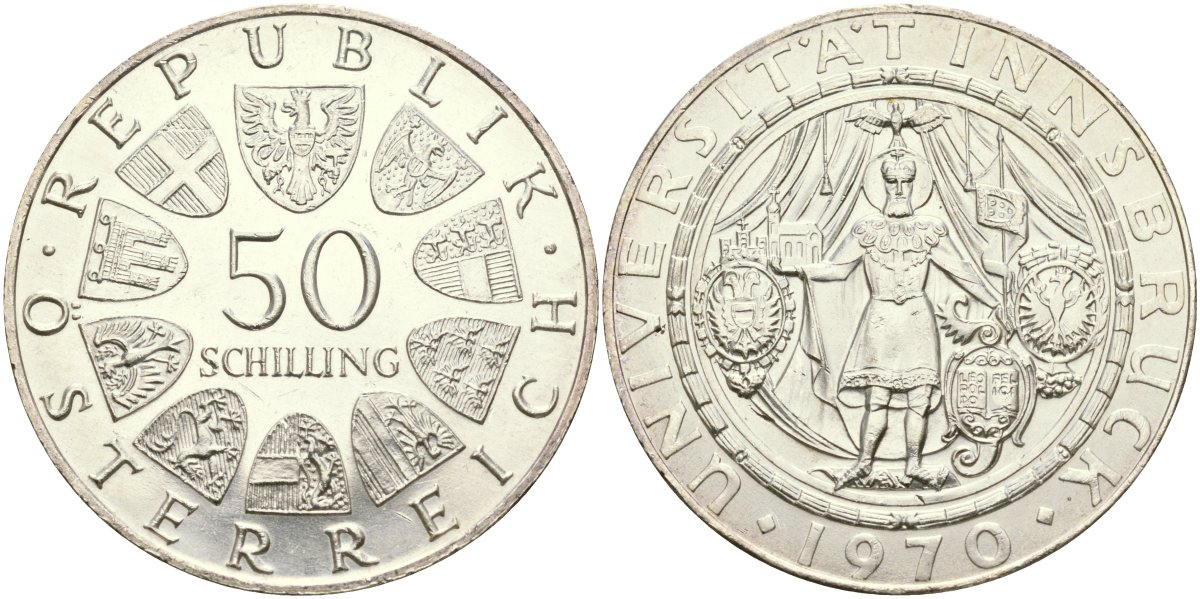 Австрия 50 шиллингов 1970 300 лет образования Университета Инсбрука KM 2908 серебро UNC 00-00