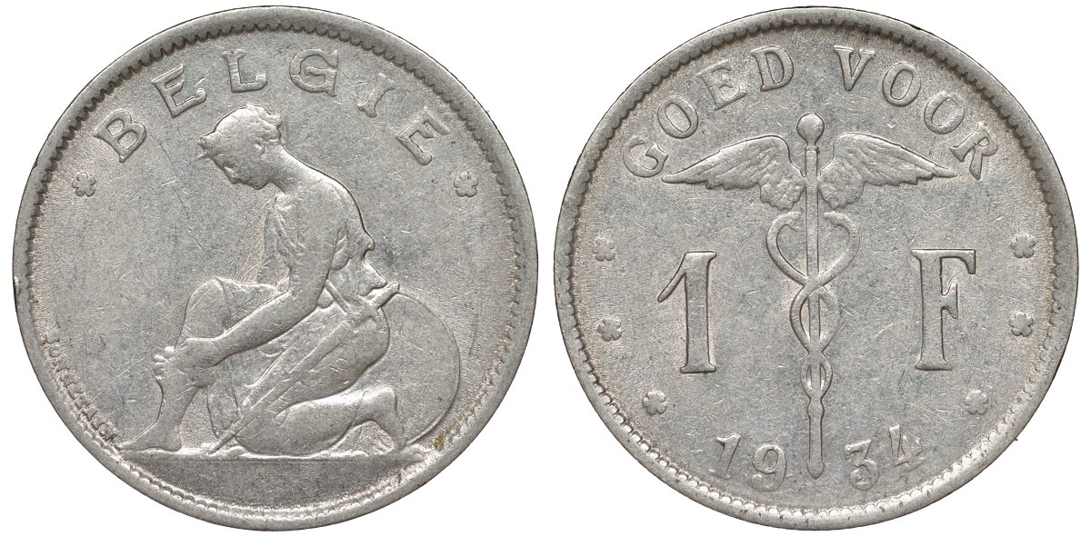 Бельгия 1 франк 1934 Belgie KM 90 никель 51-1846