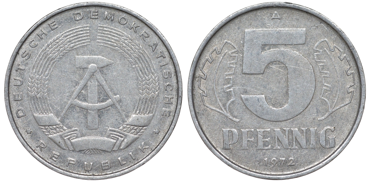 ГДР 5 пфеннигов 1972 A KM 9.1 алюминий 62-245