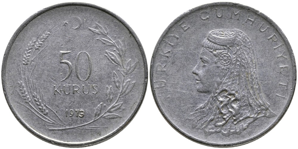 Турция 50 курушей 1973 Анатолийская невеста KM 899 нержавеющая сталь 4541-816