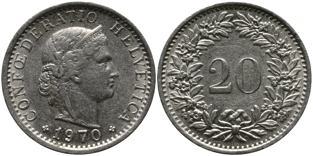 Швейцария 20 раппенов 1970 KM 29a медно-никель 33-257