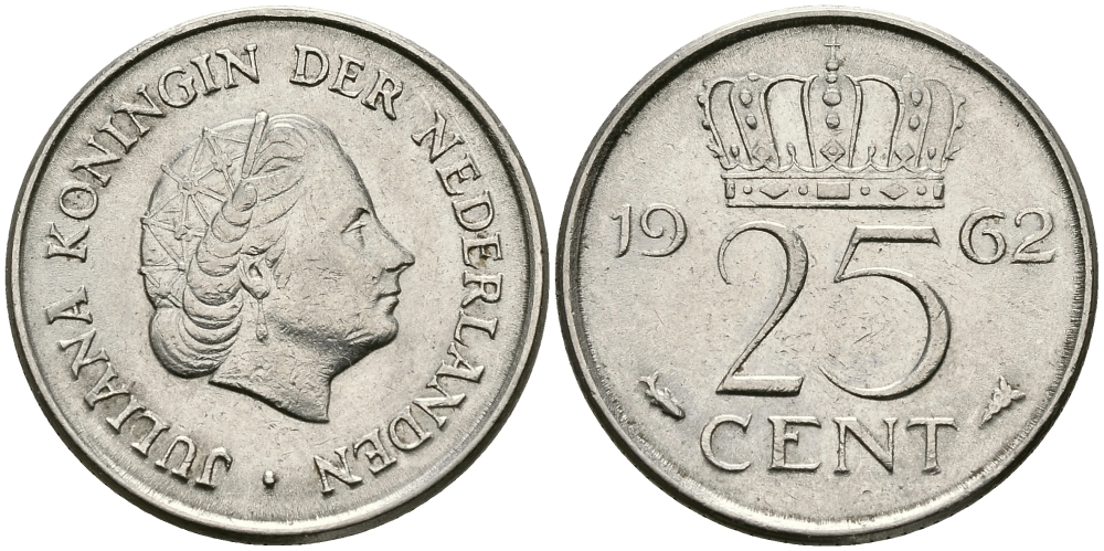 НИДЕРЛАНДЫ 25 ЦЕНТОВ 1962 ЮЛИАНА KM 183 никель 96-149