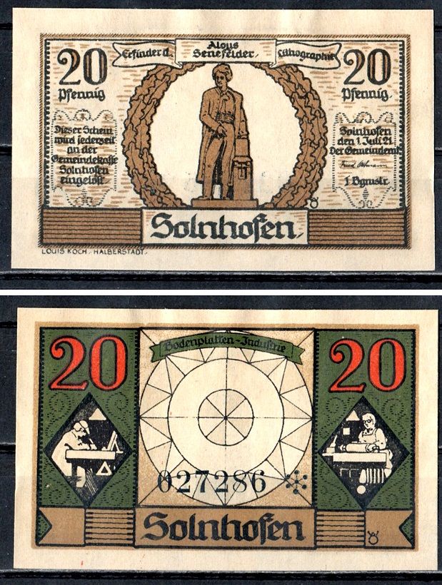 Зольнхофен (Бавария) 20 пфеннигов 1921 Mehl Grabowski 1236.1a-2/4 бумага UNC (пресс) 7556-68-2-3