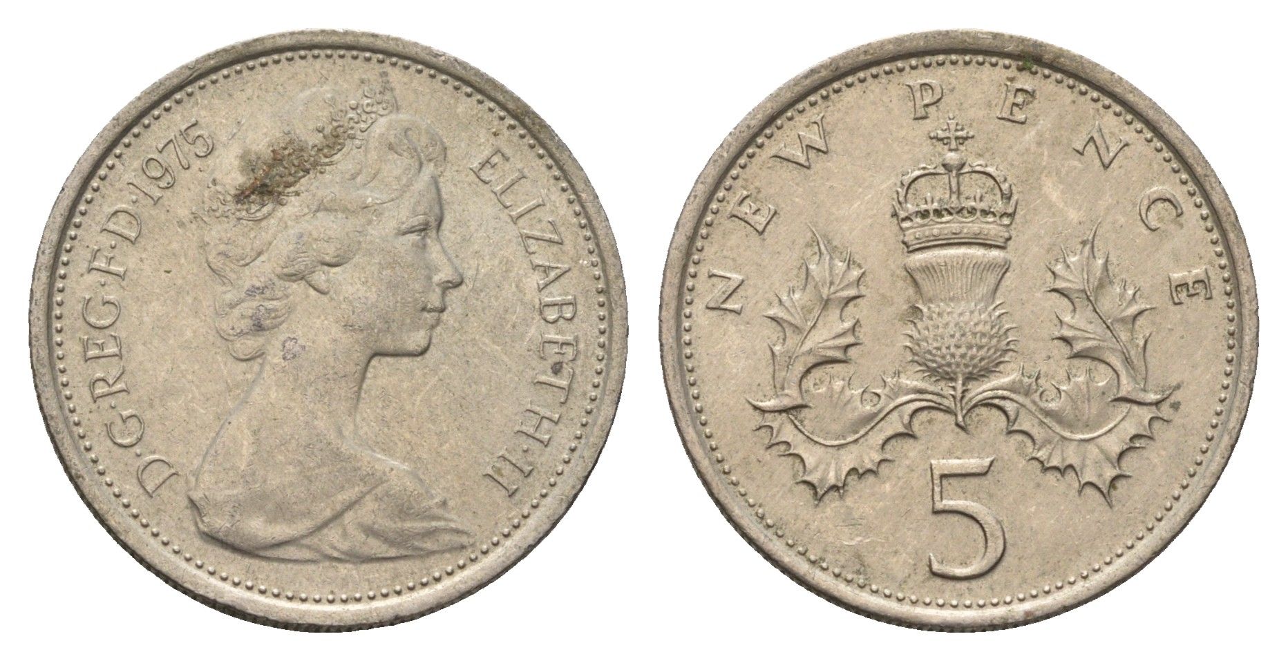 Великобритания 5 пенсов 1975 Елизавета II (1952-2022) KM 911, Spink 4233 (D1) медно-никель 4635-217