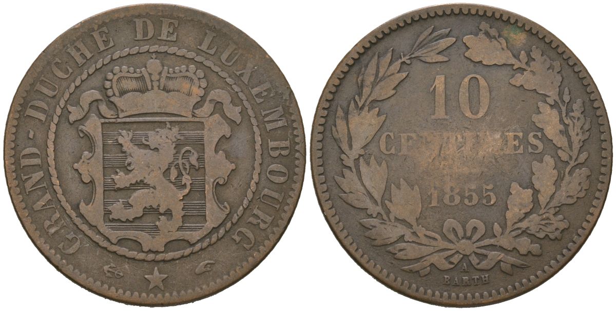 Люксембург 10 сантимов 1855 A, Виллем III (1849-1890) KM 23 бронза 94-224