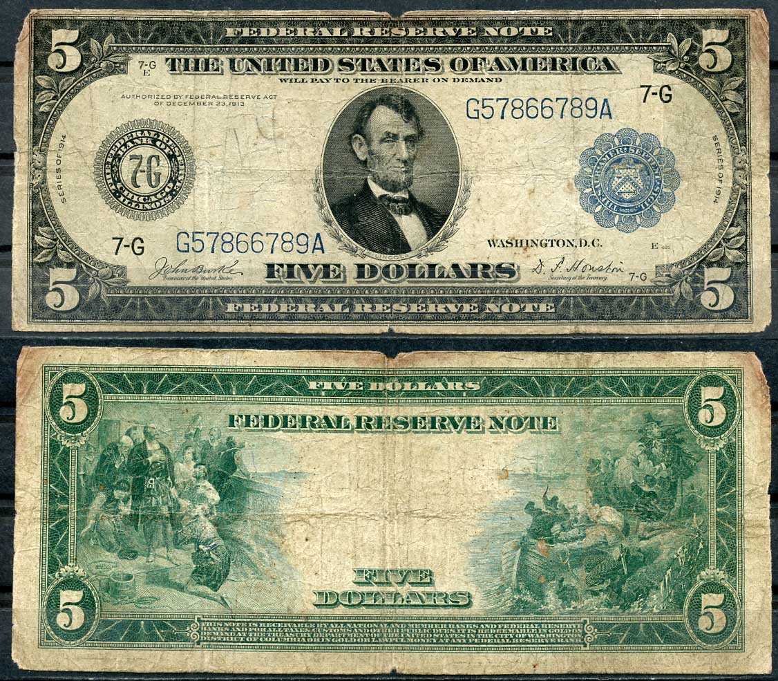 США 5 долларов 1914 Чикаго (7G), Авраам Линкольн, голубая серия, подпись Burke, Houston Pick 359 b E (3)   бумага  451-325-1-1