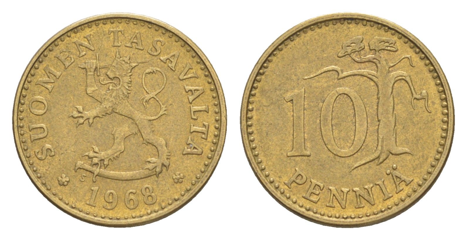 Финляндия 10 пенни 1968 KM 46 алюминиевая бронза 4647-327