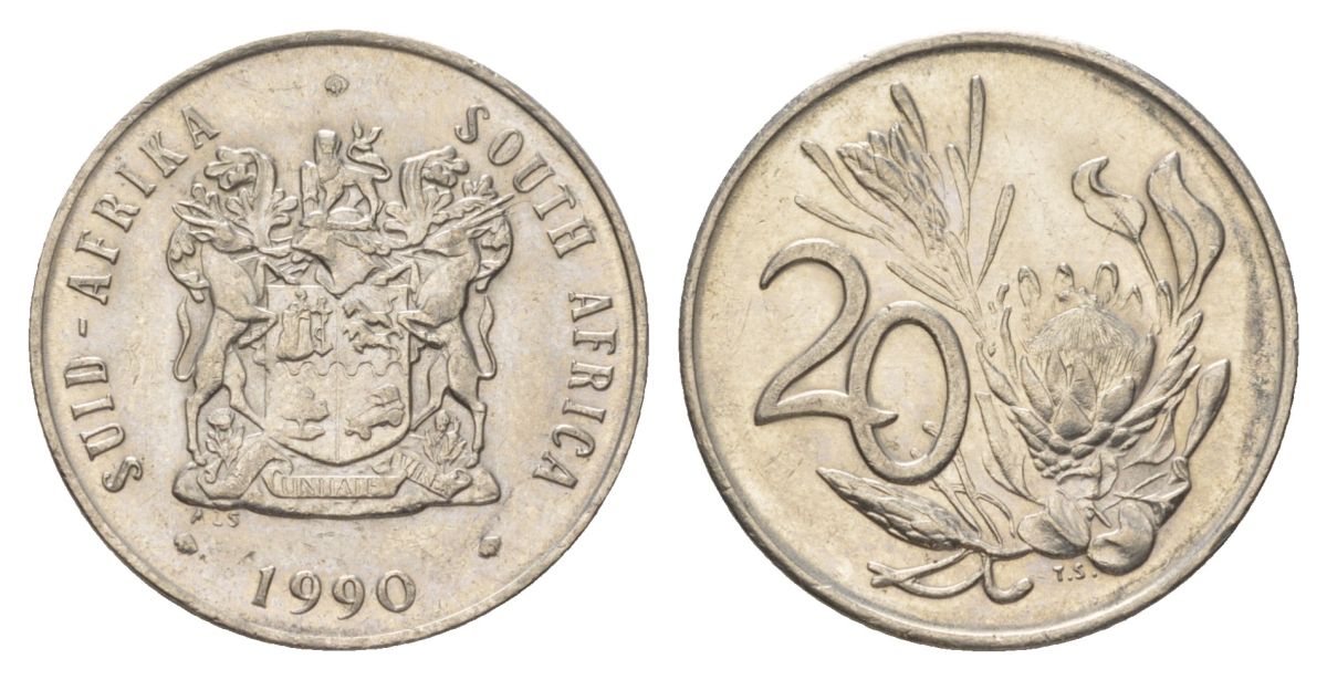 ЮАР 20 центов 1990 герб, цветок протея KM 86 никель aUNC 4626-814