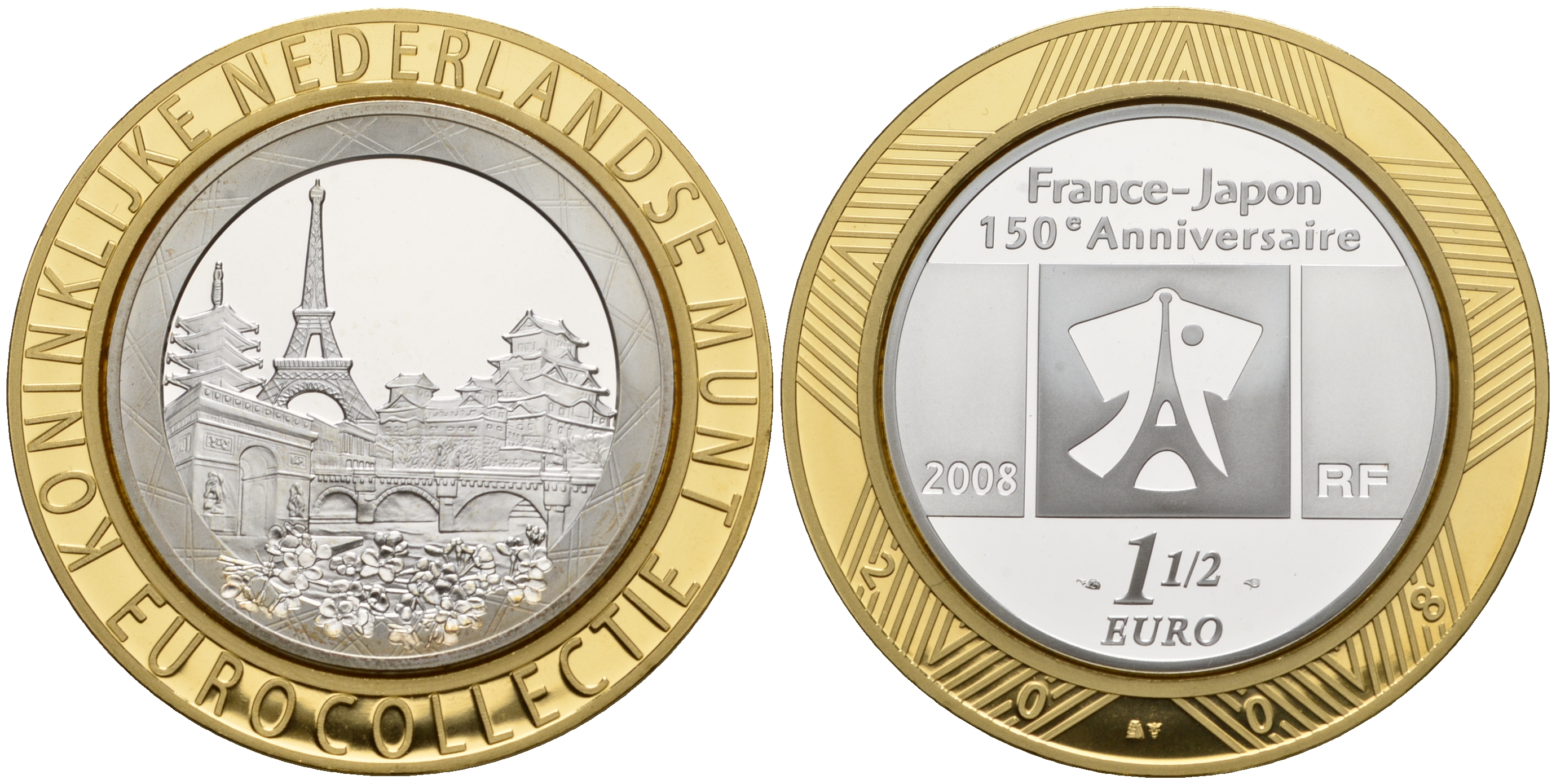 Франция 1 1/2 евро 2008 150 лет торговым отношениям Франция-Япония, Париж, Эйфелева башня, коллекция Нидерландского монетного двора KM 1550 серебро PROOF 11-060-24
