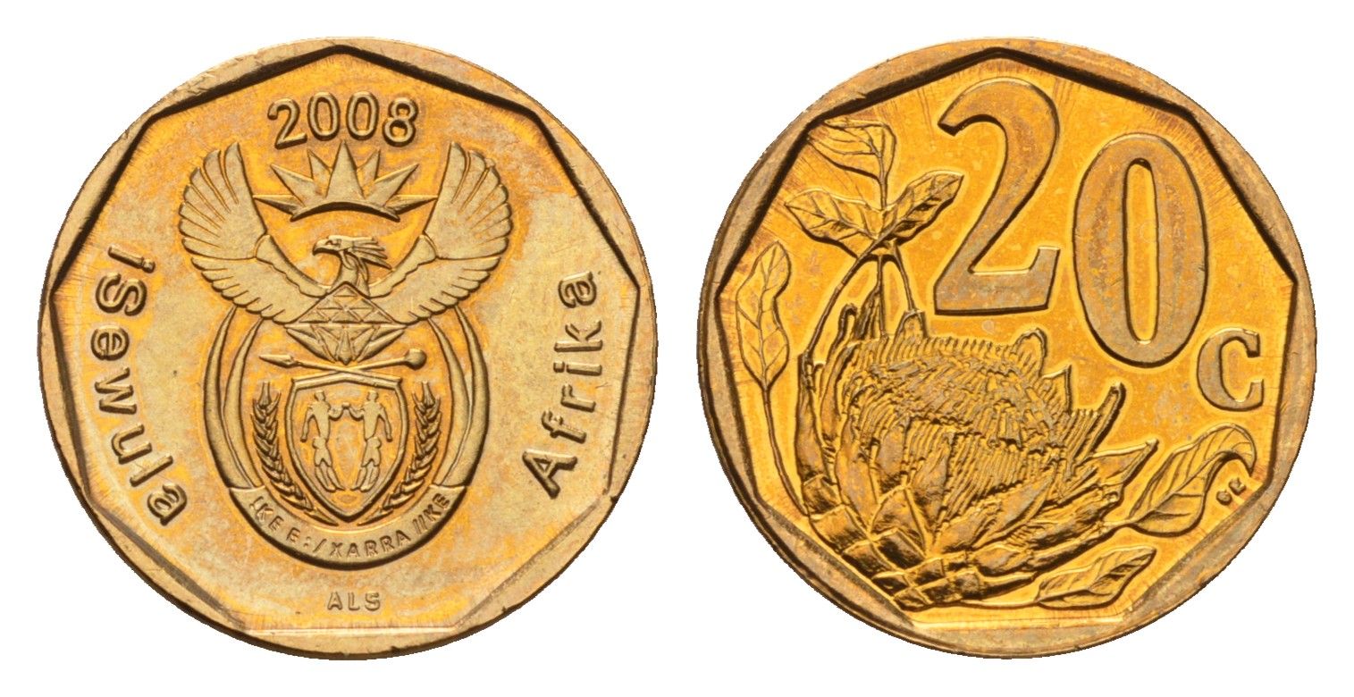 ЮАР 20 центов 2008 герб, цветок протея KM 442 сталь плакированная бронзой UNC 4687-628