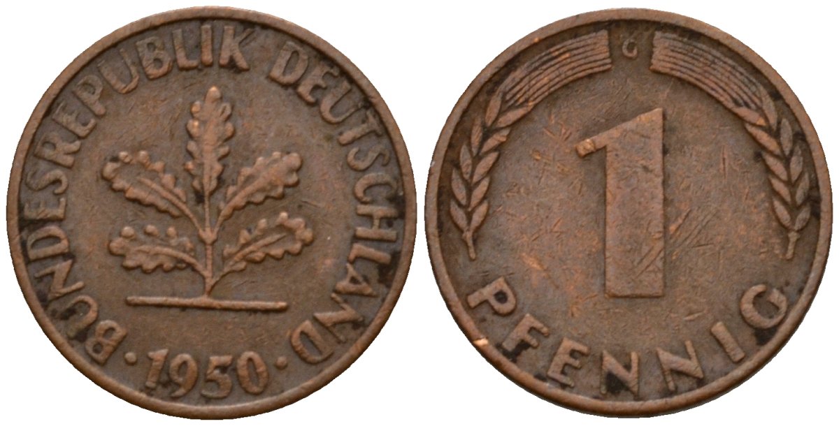 ФРГ 1 пфенниг 1950 G KM 105, J.380 сталь плакированная медью 4602-754