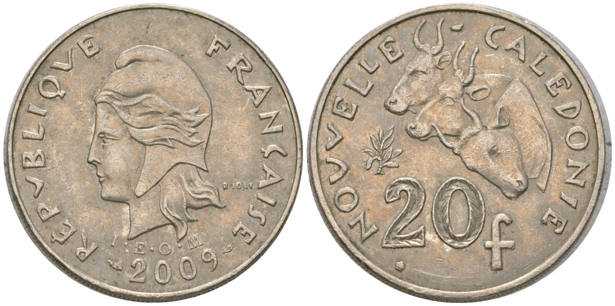 Французская Новая Каледония 20 франков 2009 три быка, (IEOM) KM 12a, Schoen 14a медно-никель 4131-1243