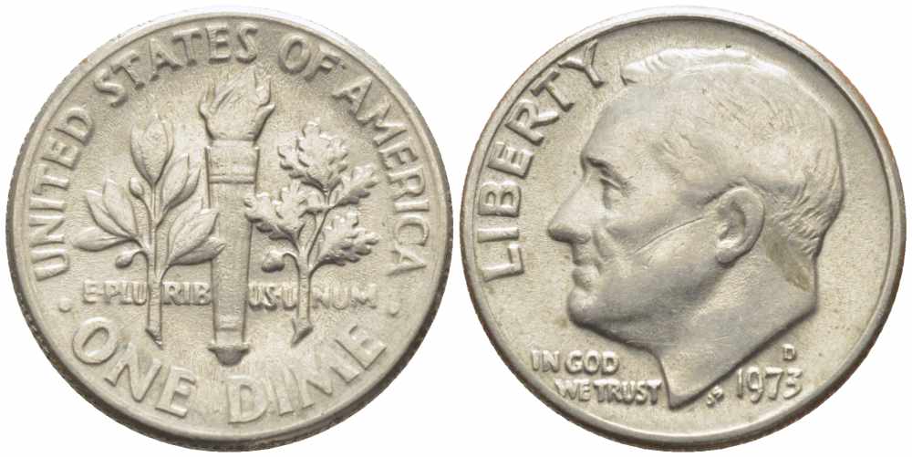 США 10 ЦЕНТОВ = 1 ДАЙМ 1973 D, РУЗВЕЛЬТ KM 195а медь плакированная медно-никелем 112-423