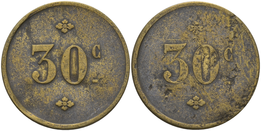 ФРАНЦИЯ 30 САНТИМОВ ND ПЛАТЕЖНЫЙ ЖЕТОН НАЧАЛА XX ВЕКА, ЦИФРЫ НОМИНАЛА 7 ММ., ДИАМЕТР 24 ММ. латунь 65-351
