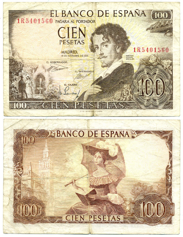 ИСПАНИЯ 100 ПЕСЕТ 1970 19 НОЯБРЯ 1965, ГУСТАВО АДОЛЬФО БЕККЕР ИСПАНСКИЙ ПИСАТЕЛЬ-РОМАНТИК, ЖЕНЩИНА С ЗОНТИКОВ НА ФОНЕ КАФЕДРАЛЬНОГО СОБОРА СЕВИЛЬИ Pick 150 бумага 7484-25-2