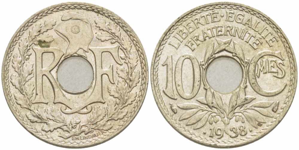 ФРАНЦИЯ 10 САНТИМОВ 1938 ТИП ЛИНДАЙЁ .1938. KM 889.1, LE FRANC 139.3 никель бронза 108-237