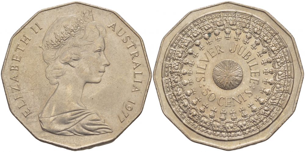 АВСТРАЛИЯ 50 ЦЕНТОВ 1977 СЕРЕБРЯННЫЙ ЮБИЛЕЙ КОРОЛЕВЫ, ЕЛИЗАВЕТА II, МОЛОДОЙ ПОРТРЕТ KM 70 медно-никель UNC 3457-314