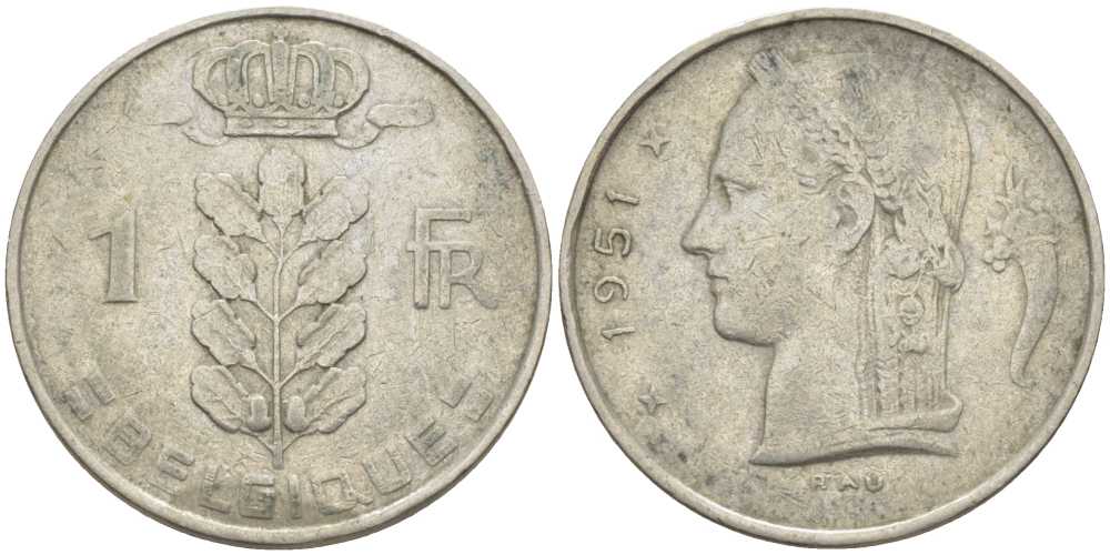 БЕЛЬГИЯ 1 ФРАНК 1951 BELGIQUE, БОДУЭН I (1951-1993) KM 142.1 медно-никель 119-433