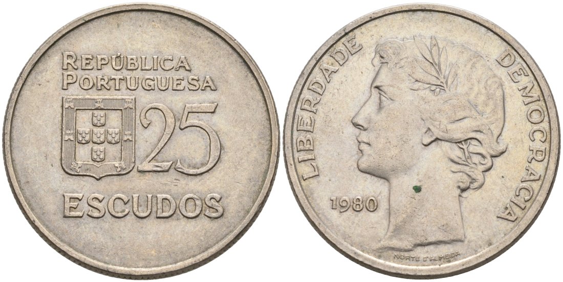Португалия 25 эскудо 1980 первый год KM 607а медно-никель 4572-1115