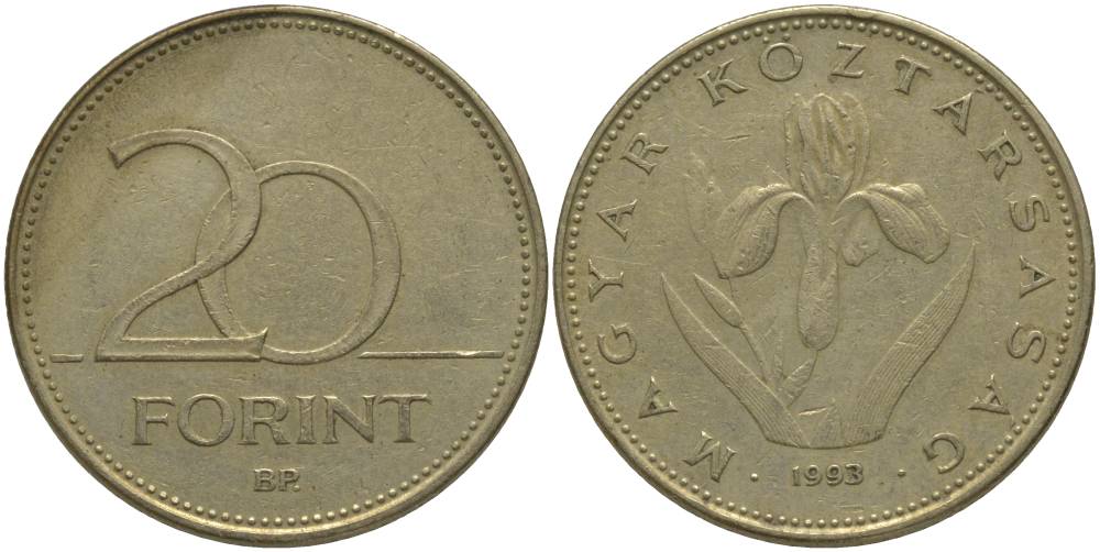 Венгрия 20 форинтов 1993 венгерский ирис KM 696 никель латунь 181-747