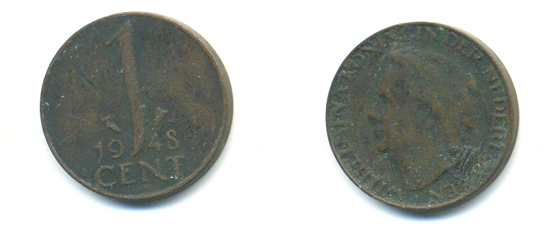 Нидерланды 1 цент 1948 Вильгельмина (1890-1948), год тип KM 175 бронза 83-915