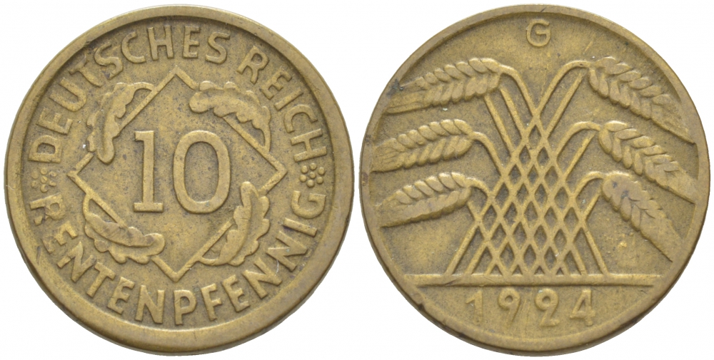 ГЕРМАНИЯ 10 РЕНТЕНПФЕННИГОВ 1924 G KM 33, J. 309, Weege 8 алюминиевая бронза 4539-1017