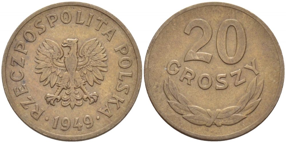 ПОЛЬША 20 ГРОШЕЙ 1949 KM 43 медно-никель 110-115