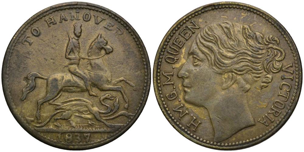 АНГЛИЯ ЖЕТОН 1837 ГАННОВЕР, КОРОЛЕВА ВИКТОРИЯ, ДИАМЕТР 22 ММ., ТОКЕН латунь 27-136