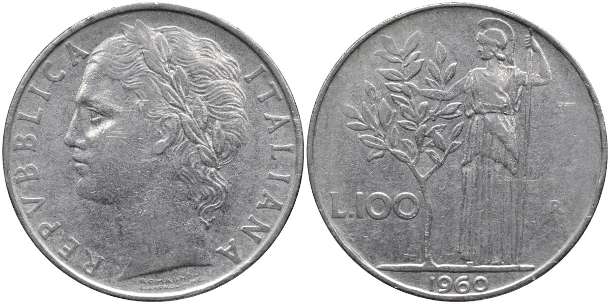 Италия 100 лир 1960 R, Афина в доспехах KM 96.1 нержавеющая сталь 4165-145