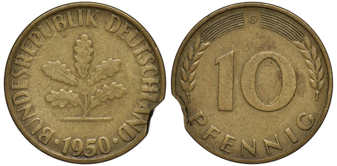 ФРГ 10 пфеннигов 1950 G, БРАК КРУЖКА KM 108 сталь плакированная латунью 92-817