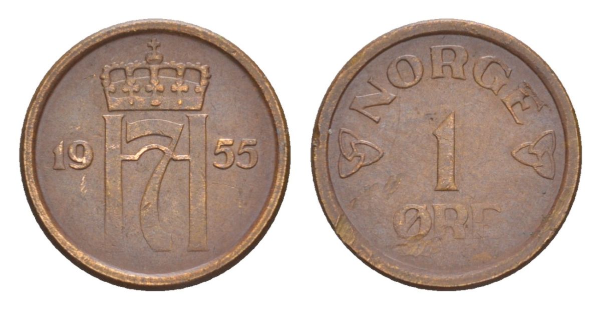 Норвегия 1 эре 1955 Хокон VII (1905-1957) KM 398 бронза 4632-1066