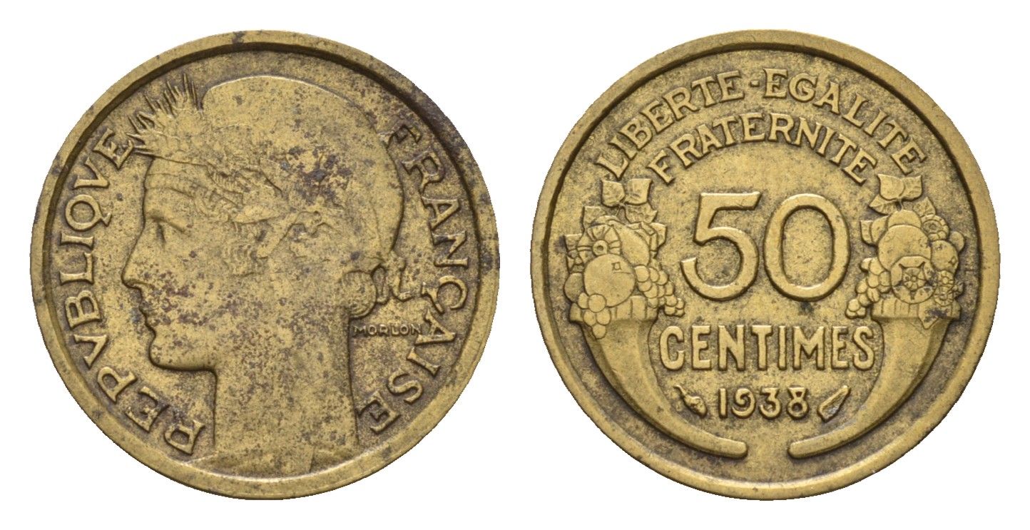 Франция 50 сантимов 1938 KM 894 алюминиевая бронза 4630-251