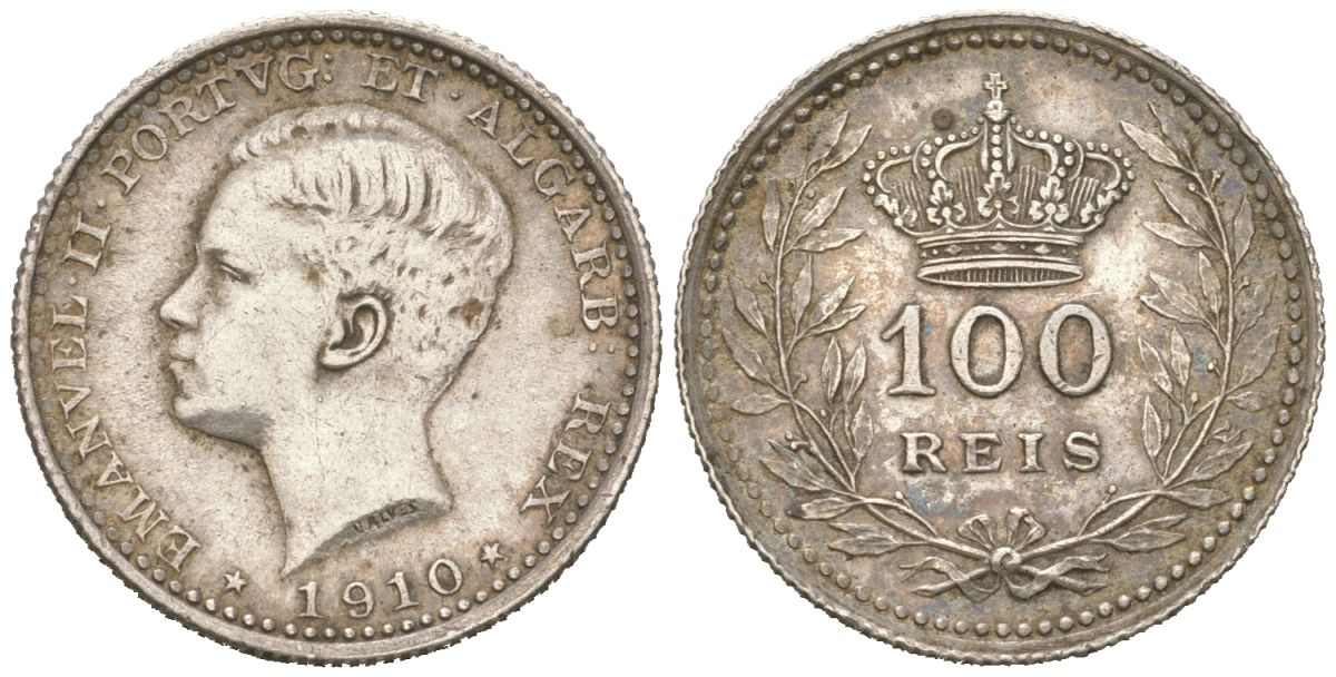 Португалия 100 реалов 1910 Мануэл II (1908-1910) KM 548 серебро 4611-318